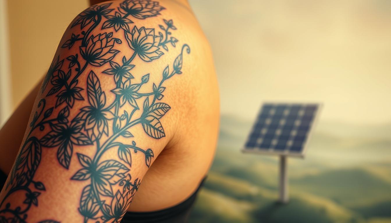 Minimalist-solarpunk-wrist-tattoo-with-windmill-and-sunflower-elements
