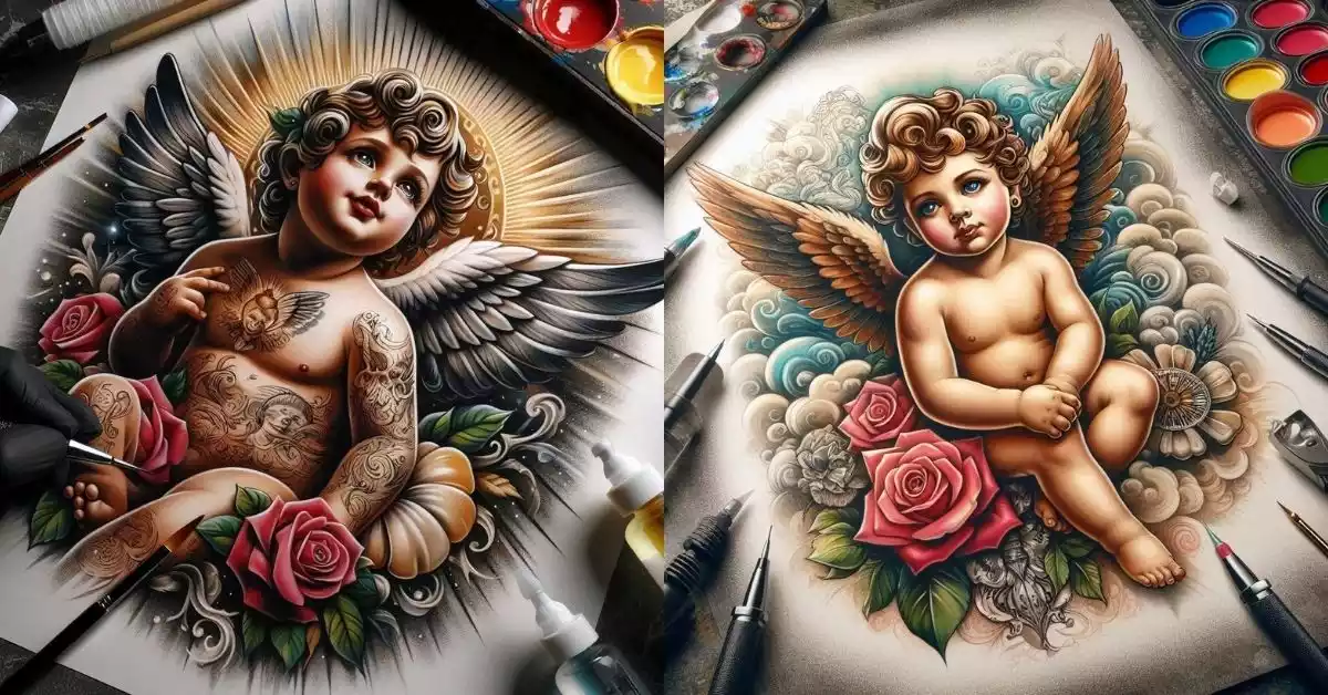 Watercolor-style-angel-tattoo-with-vibrant-colors