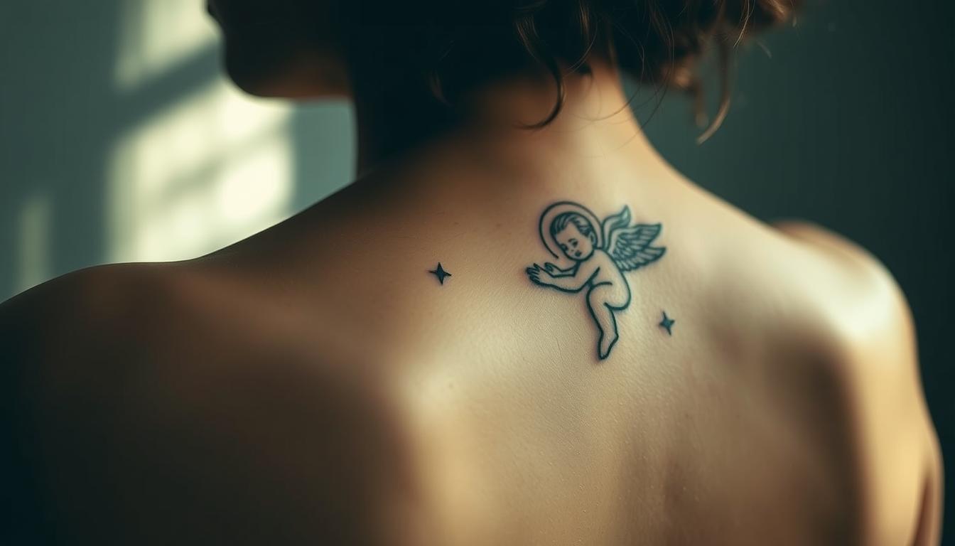 tiny-guardian-angel-tattoo-on-collarbone
