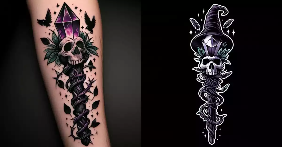 Blackwork-Dark-Wizard-Spellcasting-Tattoo-with-Arcane-Symbols