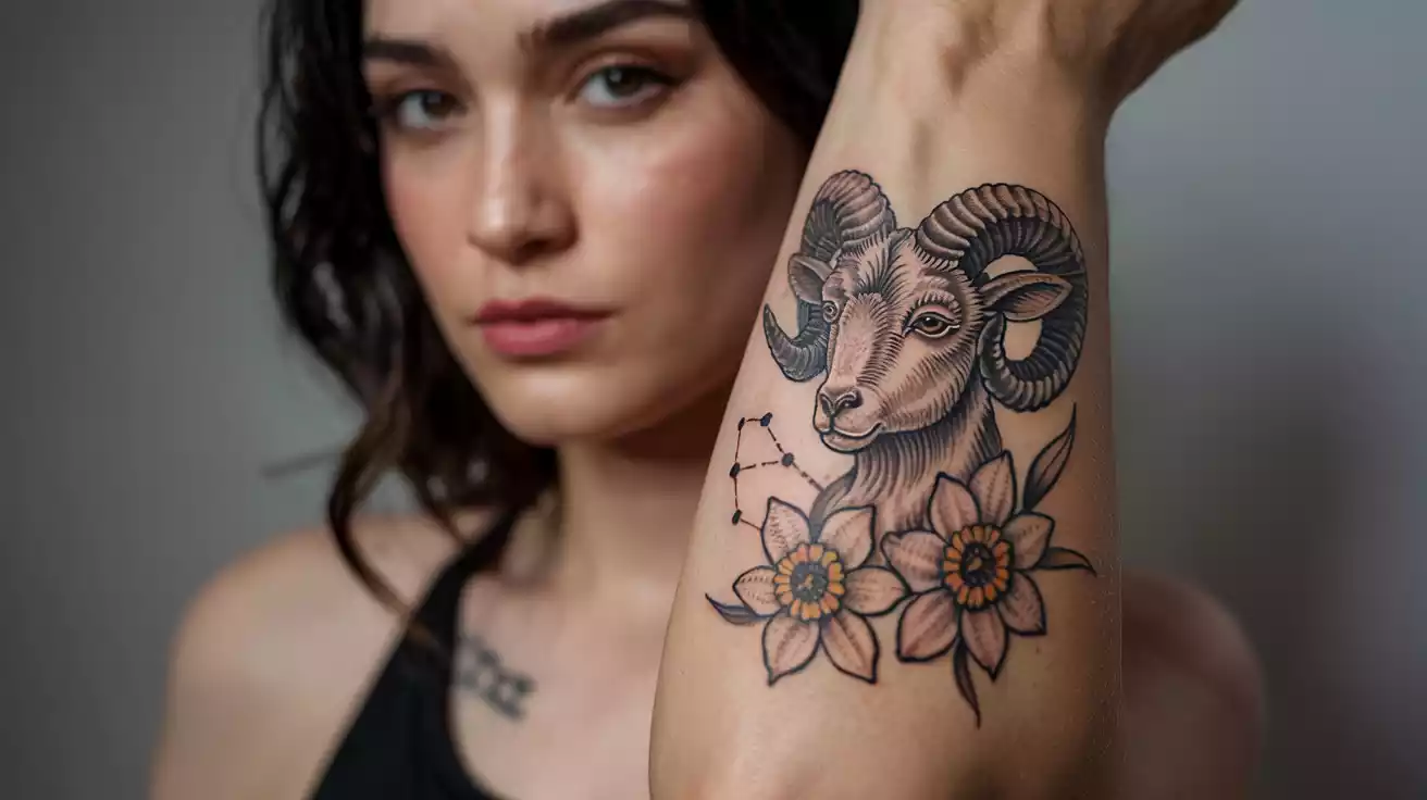 leo-zodiac-tattoo-with-marigold-birth-flower