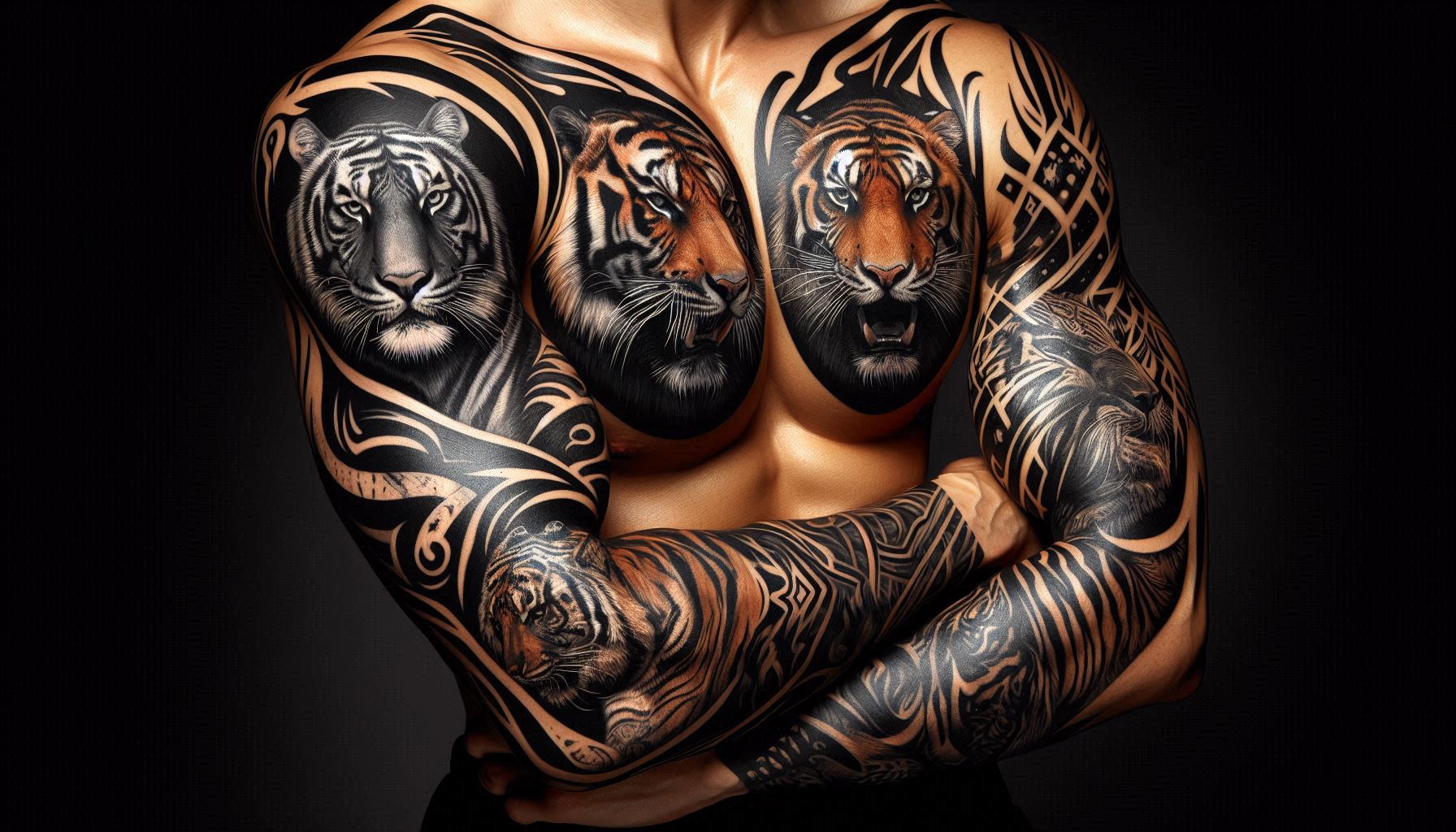 fierce-tiger-sleeve-tattoo-for-men-in-black-and-grey