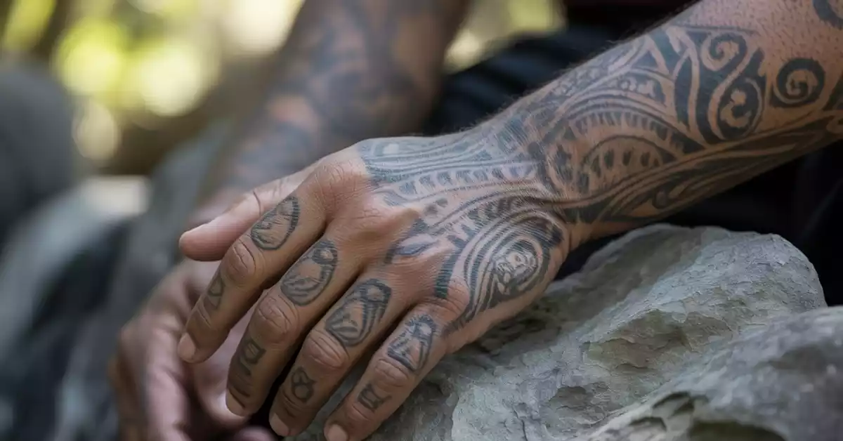 Black-and-grey-Maori-tribal-tattoo-wrapped-around-fingers-and-back-of-hand