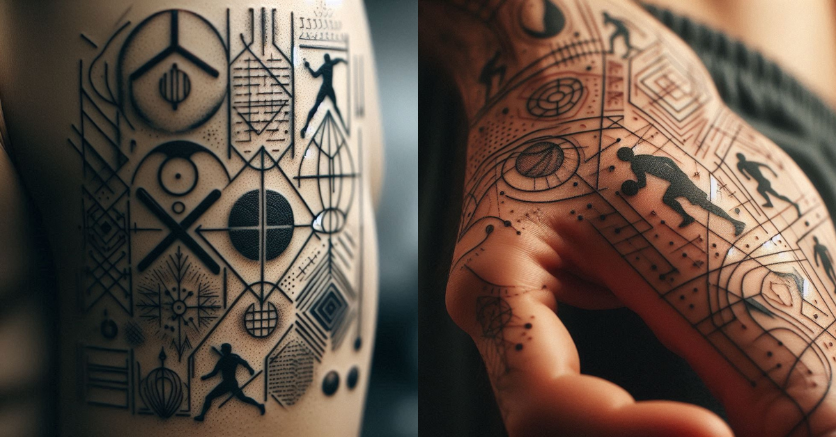 Traditional-hand-poked-basketball-tattoo-with-court-lines-and-hoop-silhouette