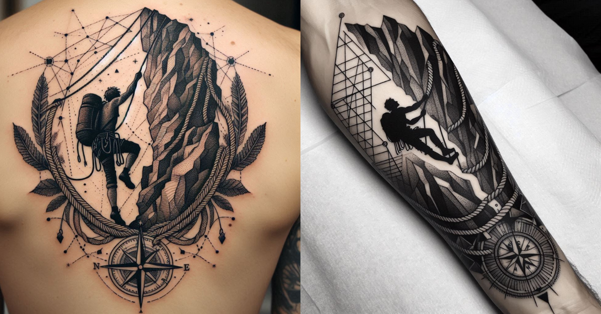 Hand-poked-climbing-tattoo-featuring-mountain-silhouette-and-rope-patterns