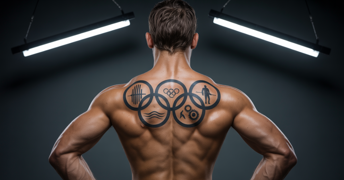 Track-and-field-athlete-showcasing-Olympic-torch-flame-tattoo-on-upper-arm-placement