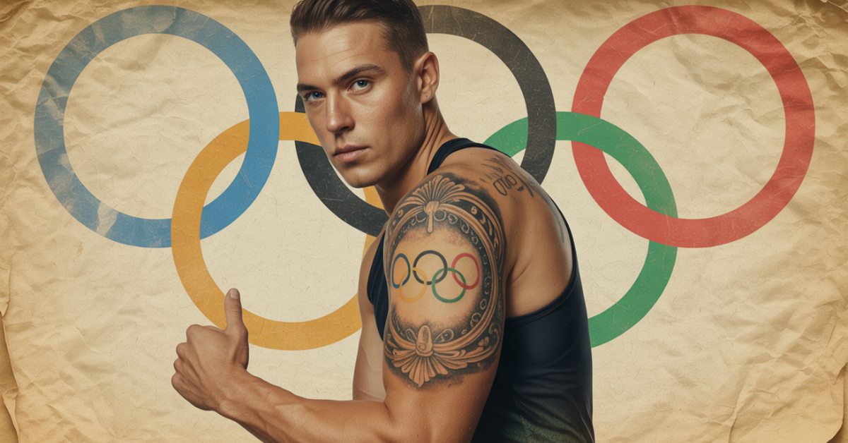 Gymnast-with-artistic-Olympic-rings-tattoo-integrated-with-ribbon-and-balance-beam-elements