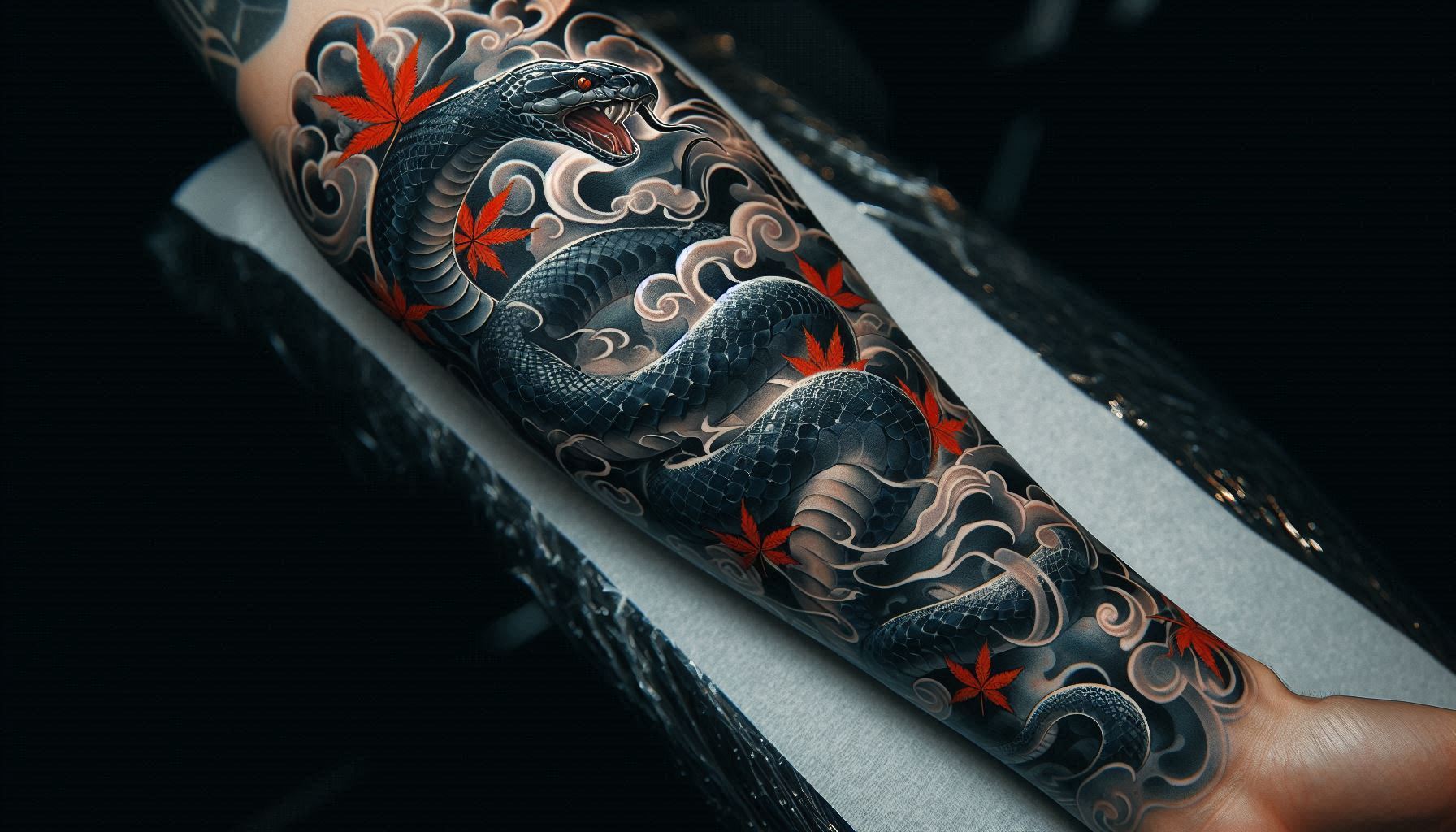 japanese-snake-tattoo-forearm-indigo-scales-maple-leaves