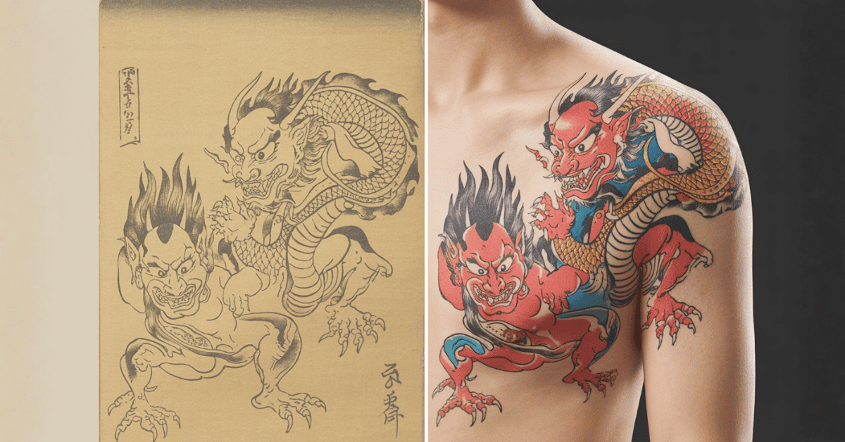 Japanese-Tengu-bird-demon-tattoo-design-red-face-traditional-yokai-monster-art