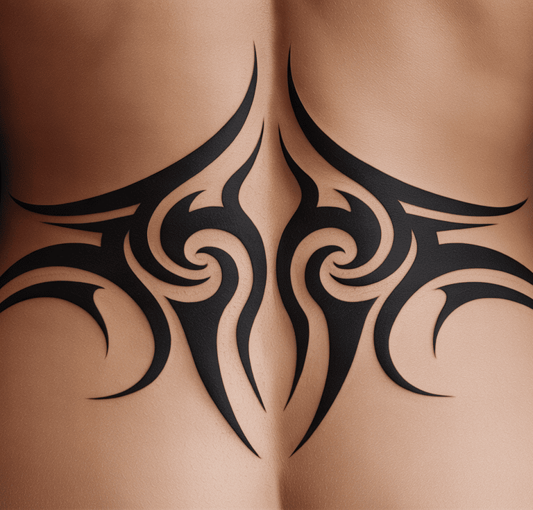 bold-tribal-lower-back-tattoo-design-for-women-symmetrical-black-ink