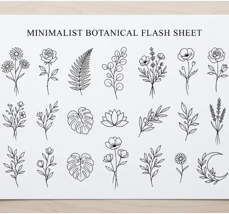 minimalist-floral-tattoo-stencil-fine-line-botanical-designs-tattoo-flash-sheet-premium-stencil-bundle