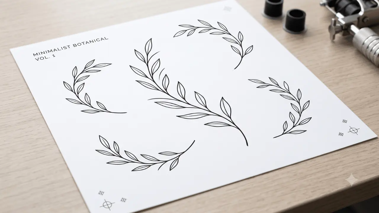 minimalist-leaf-branch-tattoo-stencil-fine-line-botanical-outline-curved-stem-clean-black-ink-design